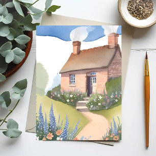 Hillside Cottage Watercolor Brick Home Painting Postcard
