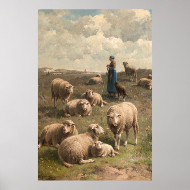 Hillside Landscape with Sheep and Shepherdess Poster (Front)