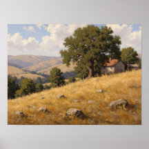 Hillside Oak and Stone Cottage Impressionist Art