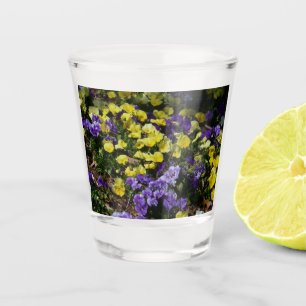 Hillside of Purple and Yellow Pansies Shot Glass