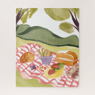 Hillside Picnic Painted Watercolor Landscape Jigsaw Puzzle