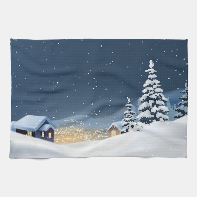 Hillside Snowy Christmas Scene, home & pines  Tea Towel (Horizontal)