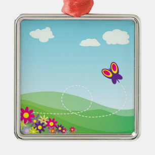HILLSIDE WITH BUTTERFLY AND FLOWERS METAL ORNAMENT