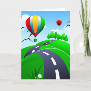 Hilly road with balloons, greeting card