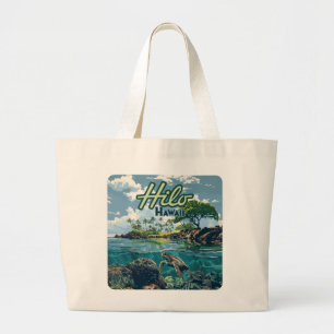 Hilo Hawaii Big Island Turtle Beach Vintage  Large Tote Bag