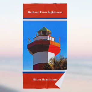 Hilton Head Harbour Town Lighthouse Red Trimmed Beach Towel