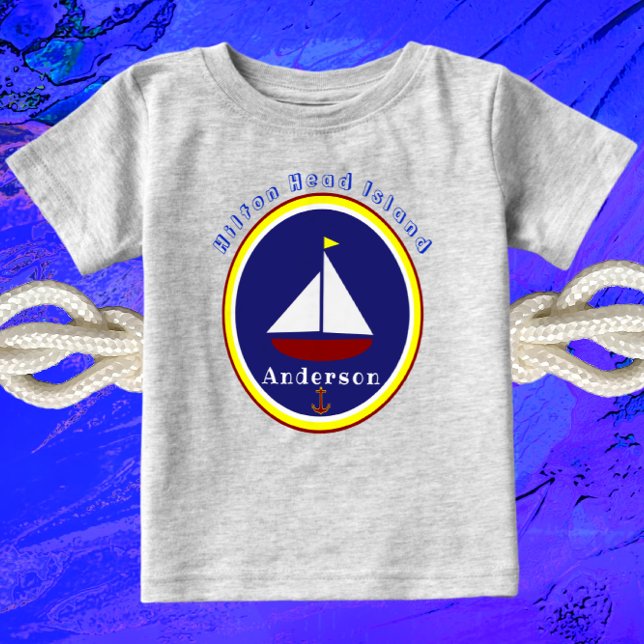 Hilton Head Island Cute Sailboat Anchor and Name Baby T-Shirt (Creator Uploaded)