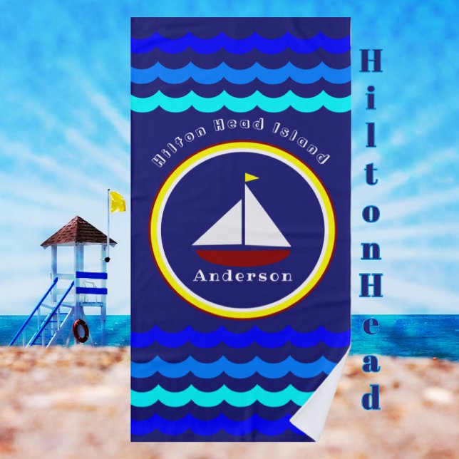 Hilton Head Island Cute Sailboat Anchor and Name Beach Towel (Creator Uploaded)