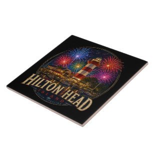 Hilton Head Island Lighthouse Patriotic Fireworks Ceramic Tile