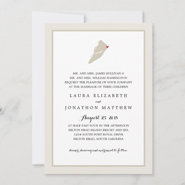 Hilton Head Island Map with heart | Wedding Invitation (Front)