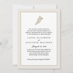 Hilton Head Island Map with heart   Wedding Invitation