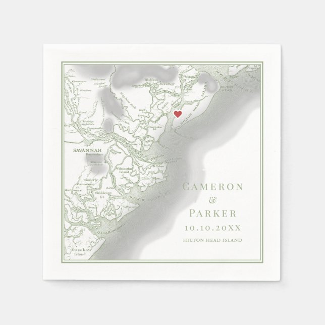 Hilton Head Island SC Map Elegant Sage Wedding Napkin (Front)