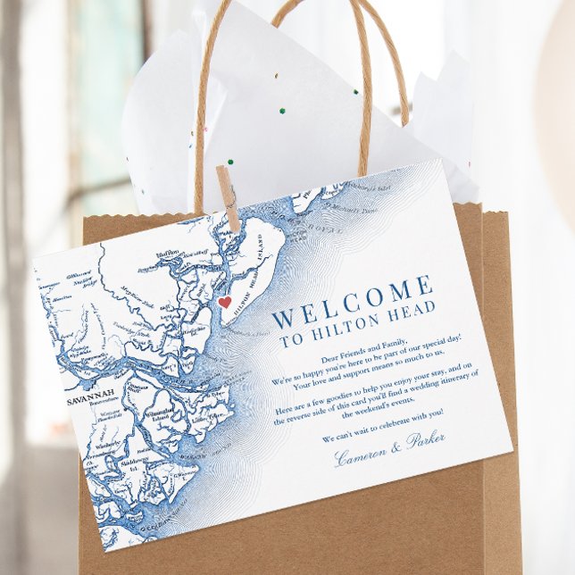 Hilton Head Navy Wedding Welcome Itinerary Thank You Card (Elegant HIlton Head Wedding Welcome Letter with wedding weekend itinerary with South Carolina map)