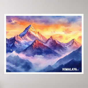 Himalaya mountains sunrise watercolor painting poster