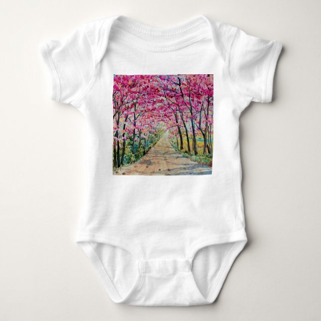 Himalayan Cherry Roadside Watercolor Landscape Baby Bodysuit (Front)