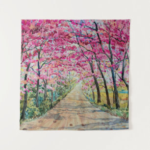 Himalayan Cherry Roadside Watercolor Landscape Tapestry