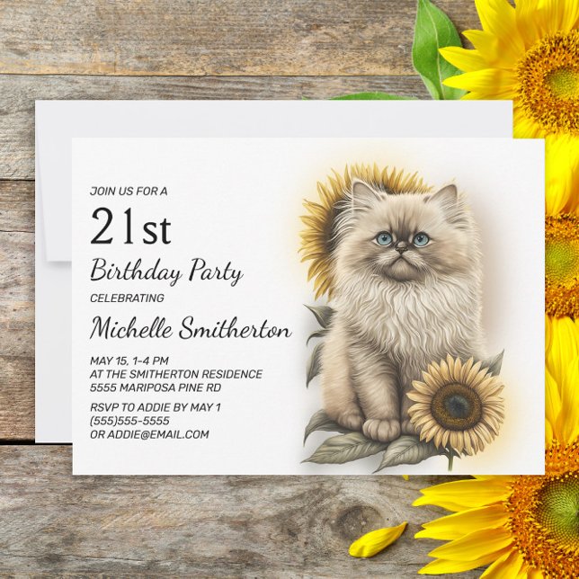 Himalayan Kitten Cat Sunflowers 21st Birthday Invitation (Creator Uploaded)