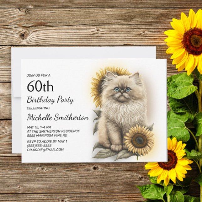 Himalayan Kitten Cat Sunflowers 60th Birthday Invitation (Creator Uploaded)