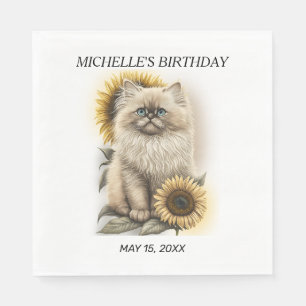 Himalayan Kitten Cat Sunflowers Birthday Name Napkin