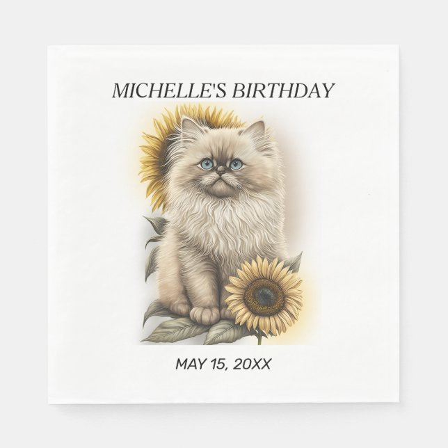 Himalayan Kitten Cat Sunflowers Birthday Name Napkin (Front)