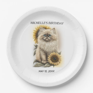 Himalayan Kitten Cat Sunflowers Birthday Name Paper Plate