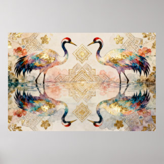 Himmlische Kraniche in Harmonie - Wasserfarben  Poster