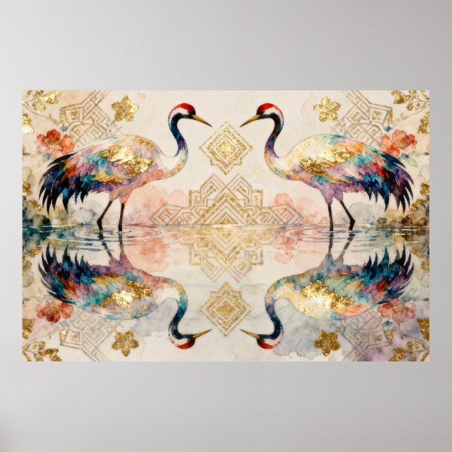 Himmlische Kraniche in Harmonie - Wasserfarben  Poster (Front)