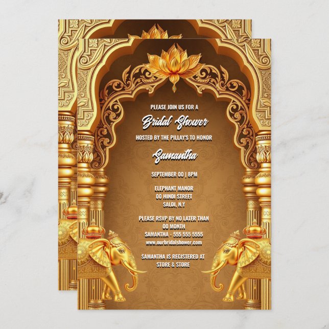 Hindi Hindu gold elephants lotus flower asian Invitation (Front/Back)