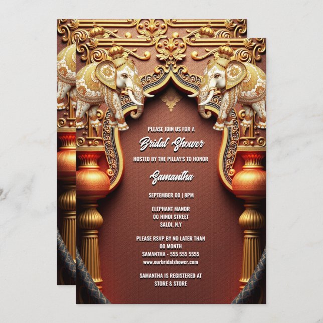 Hindi Hindu indian elephants royal bridal shower Invitation (Front/Back)