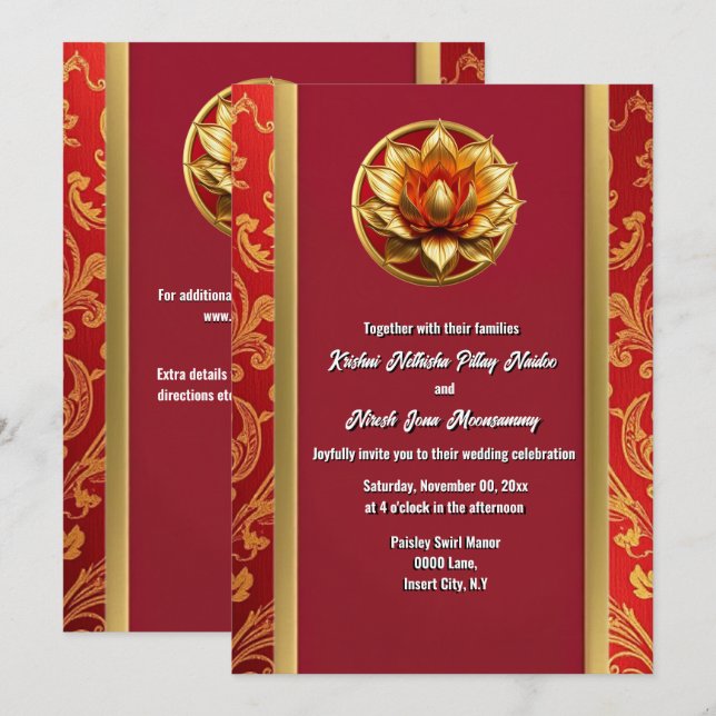 Hindi Hindu lotus flower burgundy gold floral chic Invitation (Front/Back)