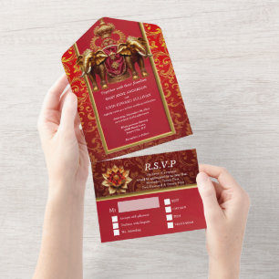 Hindi Hindu royal floral indian elephants red gold All In One Invitation
