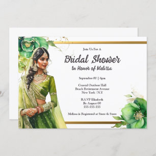 Hindi Indian bride green gold bridal shower Invitation