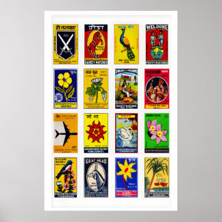 Hindi Matchbox Labels Grid, Vintage Ephemera Poster
