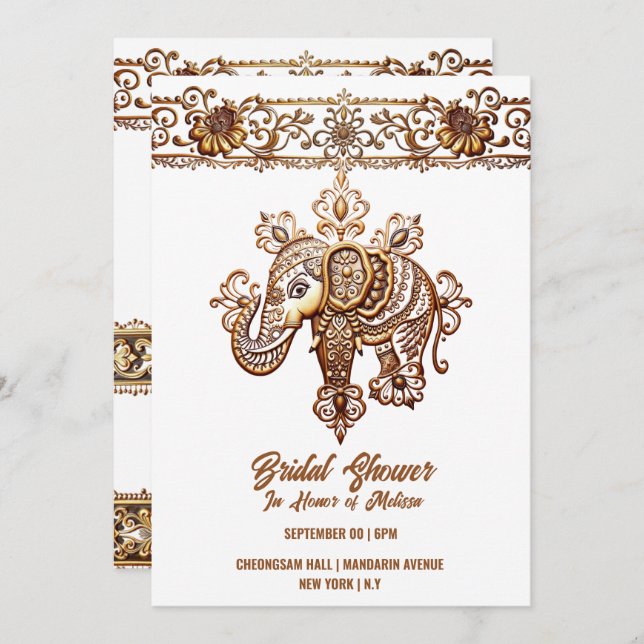 Hindi Mehndi Indian elephant henna lotus frame Invitation (Front/Back)
