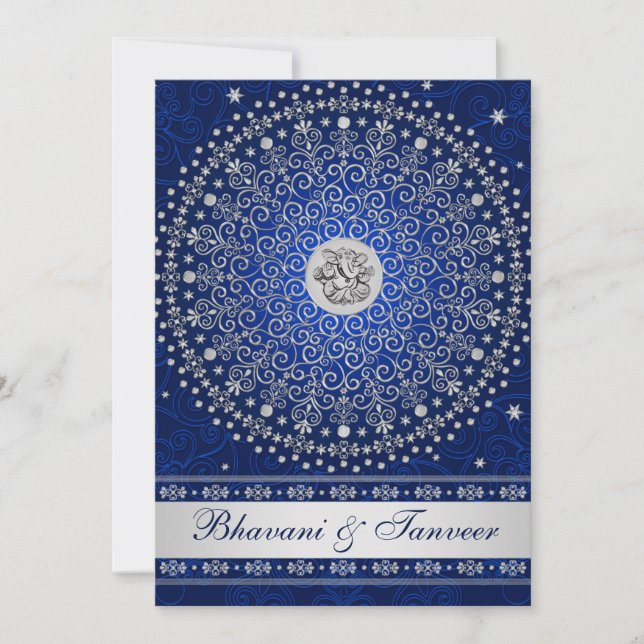 Hindu Ganesh Blue Silver Scrolls Wedding Invite 2 (Front)