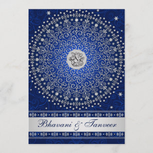 Hindu Ganesh Blue Silver Scrolls Wedding Invite 2