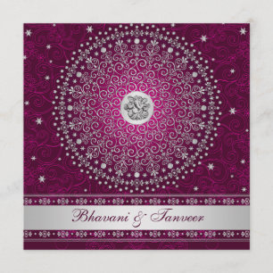 Hindu Ganesh Plum, Silver Scrolls Wedding Invite