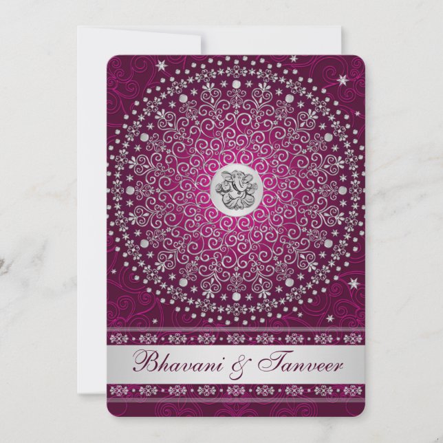 Hindu Ganesh Plum, Silver Scrolls Wedding Invite 2 (Front)
