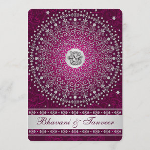 Hindu Ganesh Plum, Silver Scrolls Wedding Invite 2