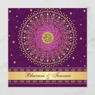 Hindu Ganesh Purple Gold Scrolls Wedding Invite