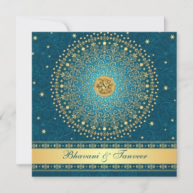 Hindu Ganesh Teal, Gold Scrolls Wedding Invite (Front)
