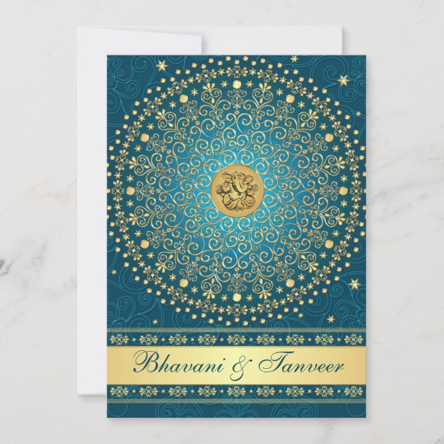 Hindu Ganesh Teal Gold Scrolls Wedding Invite 2 (Front)