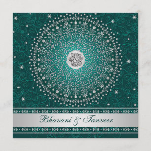 Hindu Ganesh Teal, Silver Scrolls Wedding Invite
