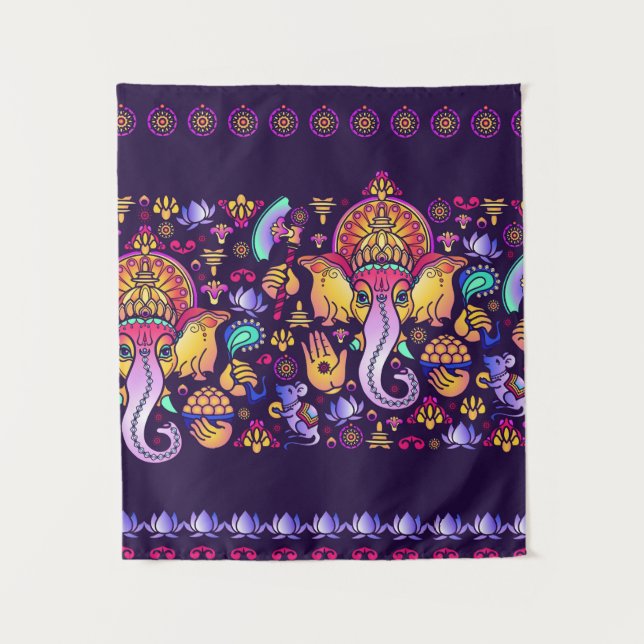 Hindu God Ganesha and Indian symbols in strip shap Tapestry (Front)