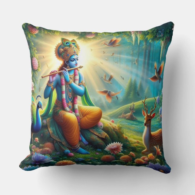 Hindu God Krishna pillow with om design on back (Front)