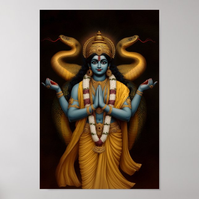 Hindu God Vishnu and Naga Shesha Portrait Art Poster (Front)