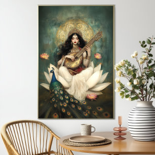 Hindu Goddess Saraswati: Peacock Veena Lotus Poster