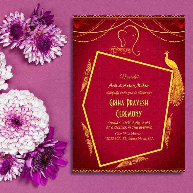 Hindu House Warming Griha Pravesh Golden Peacock Invitation (Creator Uploaded)
