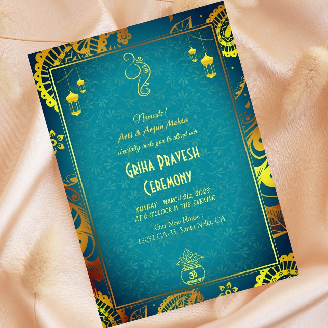 Hindu House Warming Griha Pravesh Golden Teal Invitation (Creator Uploaded)