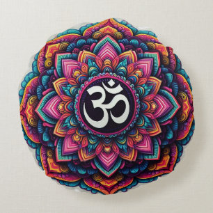 Hindu Om Symbol in a colourful mandala design Round Cushion